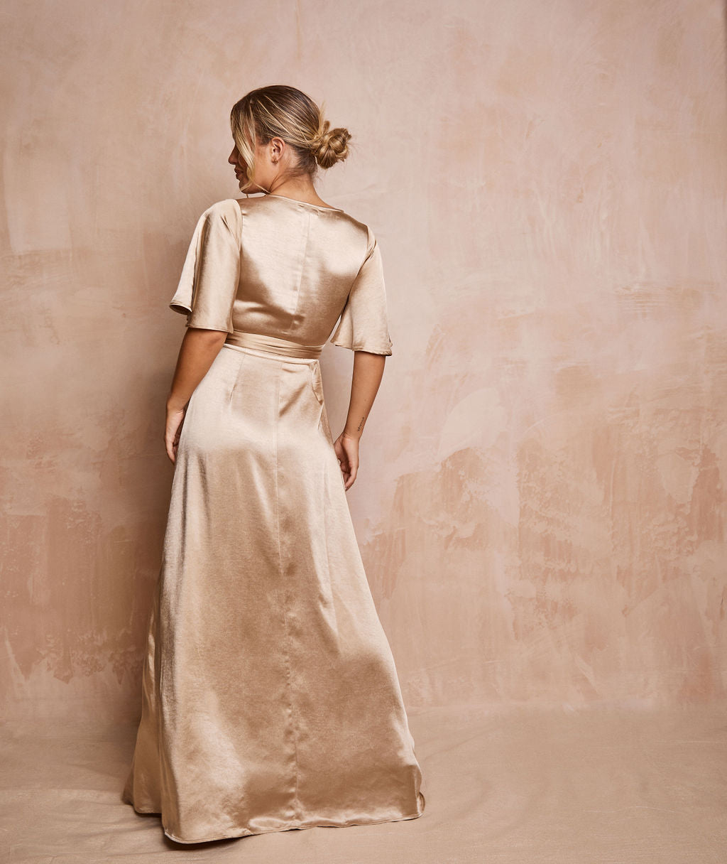 Wrap Tie Satin Bridesmaid Dress - Champagne