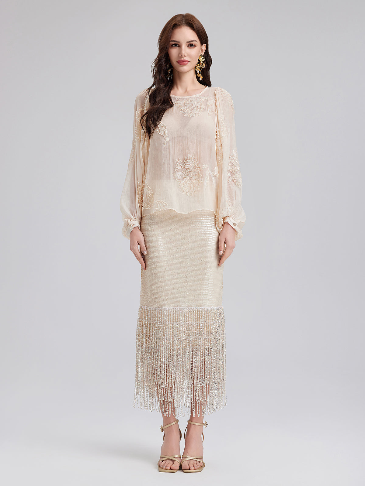Sequin Crystal Fringe Split Skirt