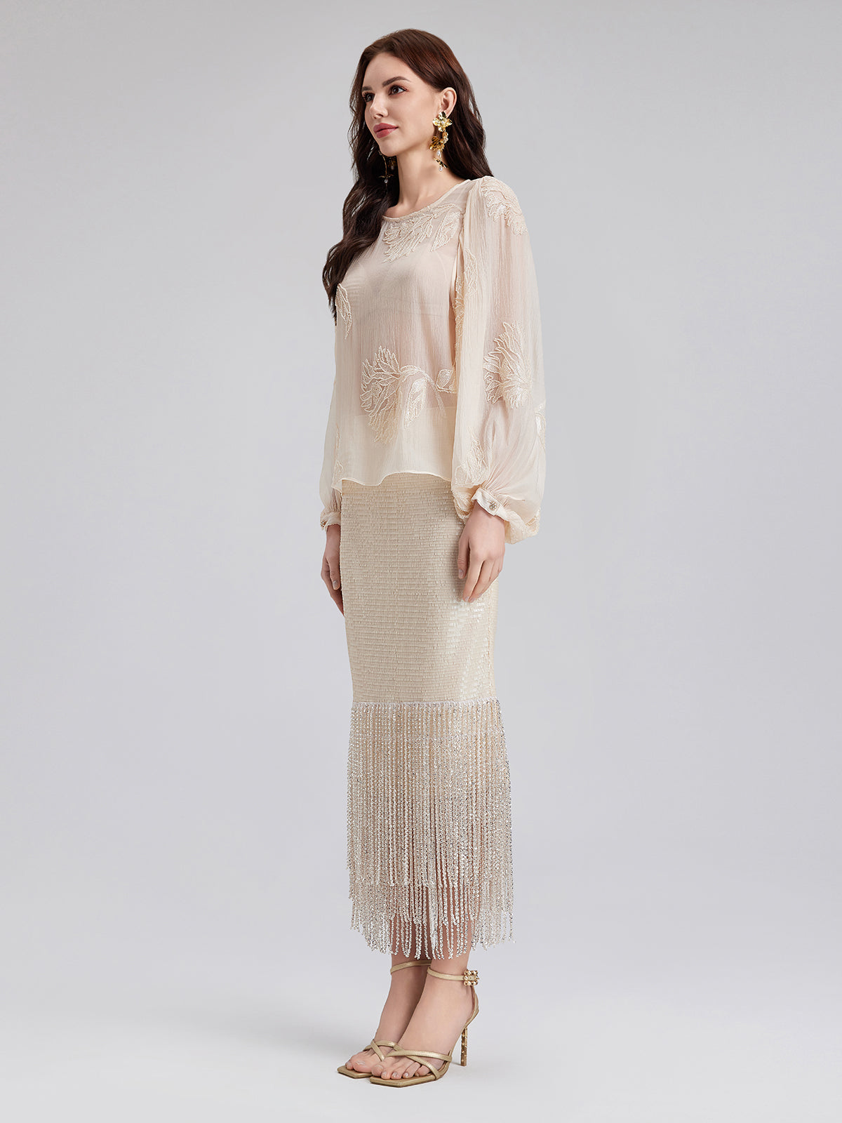 Sequin Crystal Fringe Split Skirt