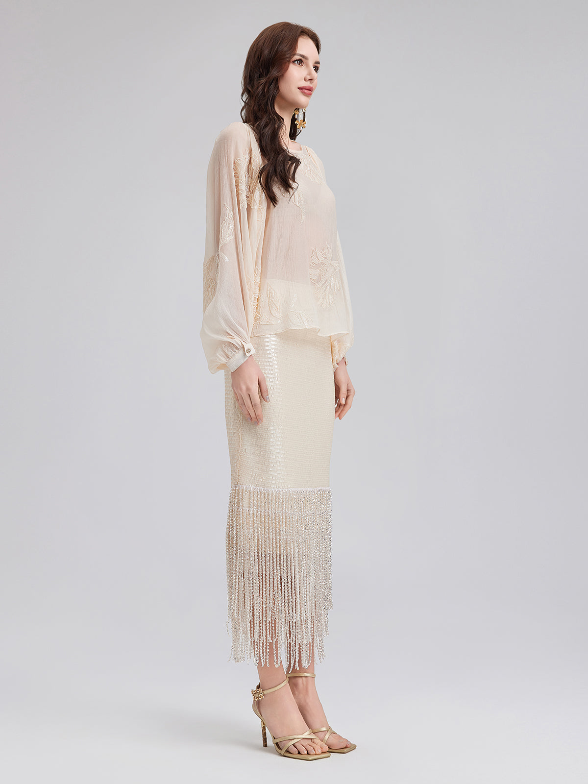Sequin Crystal Fringe Split Skirt