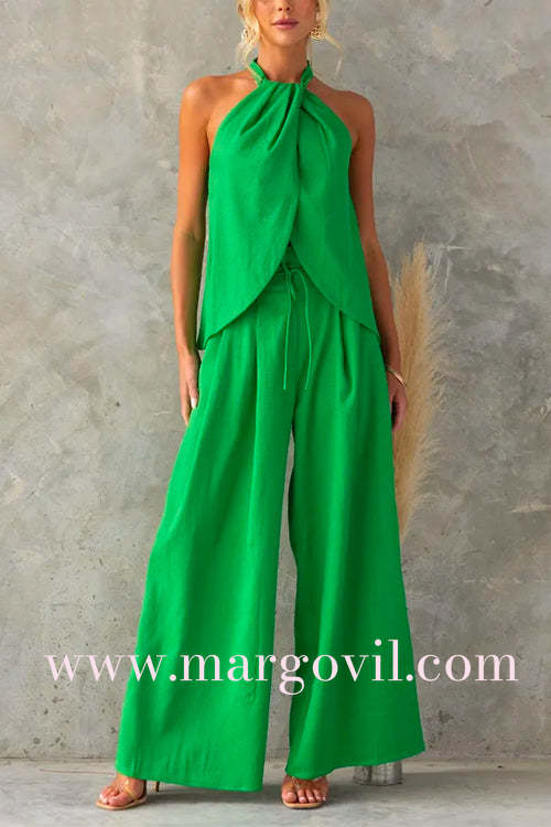 Sleeveless Halter Slit Top Paperbag Waist Wide Leg Pants Set