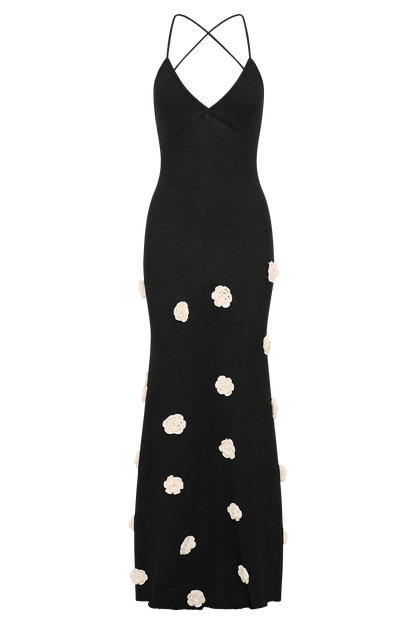 Suki Knit Maxi Dress With Flowers - Black/White