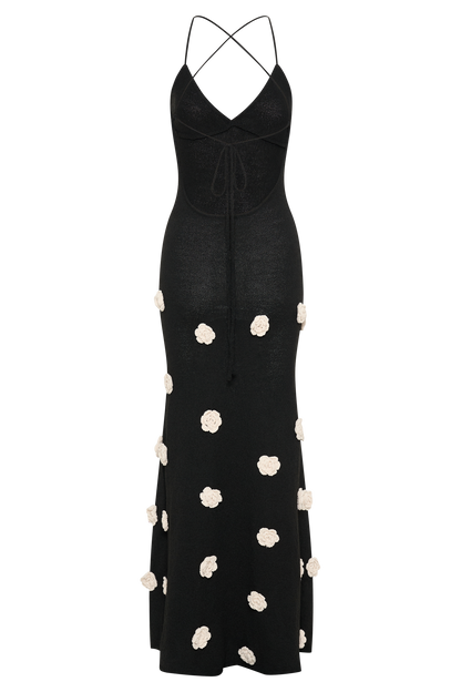 Suki Knit Maxi Dress With Flowers - Black/White