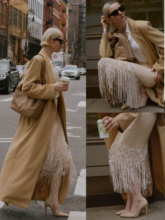 Sequin Crystal Fringe Split Skirt