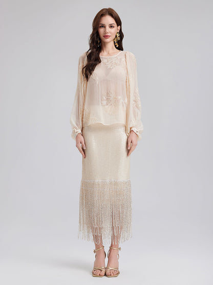 Sequin Crystal Fringe Split Skirt