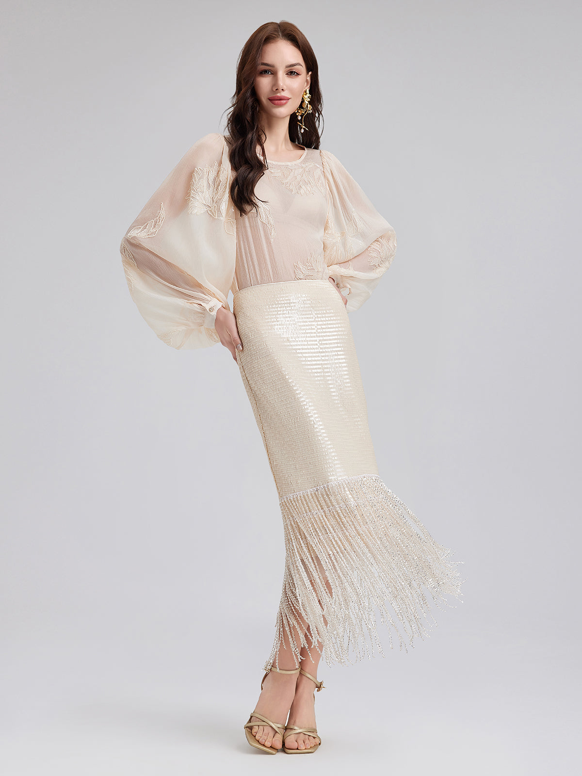 Sequin Crystal Fringe Split Skirt