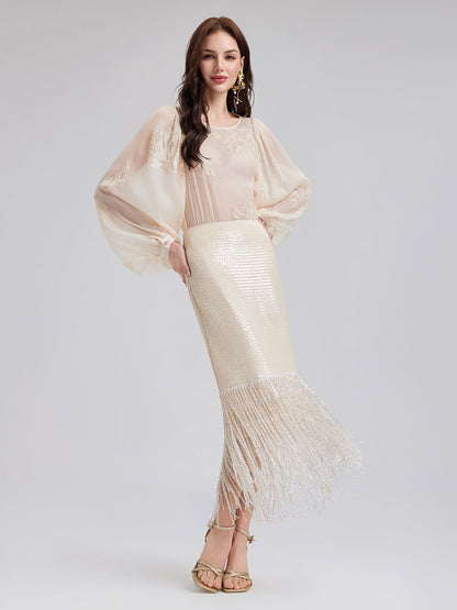 Sequin Crystal Fringe Split Skirt