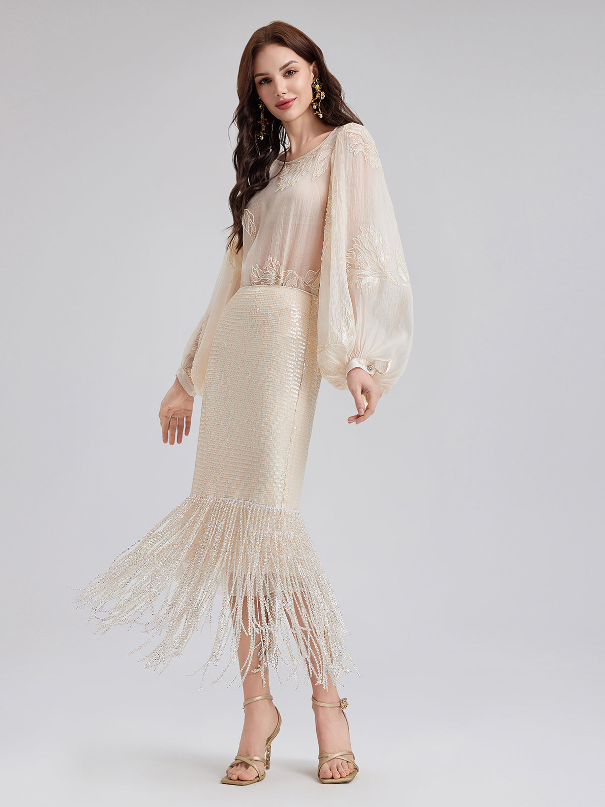 Sequin Crystal Fringe Split Skirt