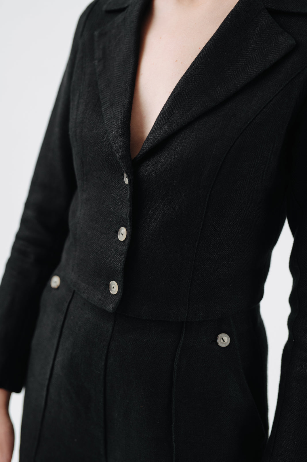 Stella Jacket, Twill Linen, Black Herringbone