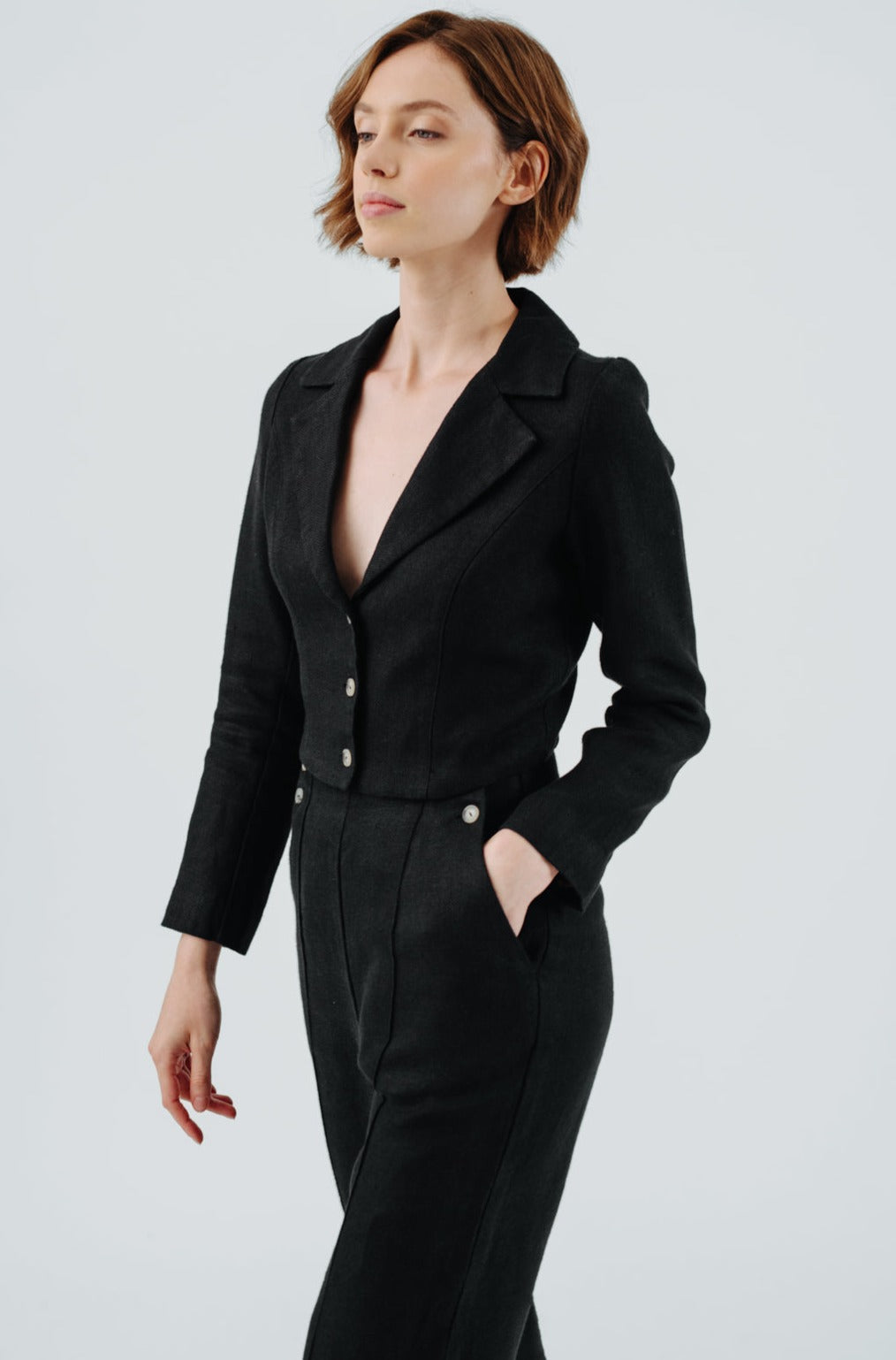 Stella Jacket, Twill Linen, Black Herringbone