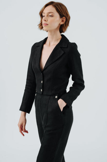 Stella Jacket, Twill Linen, Black Herringbone